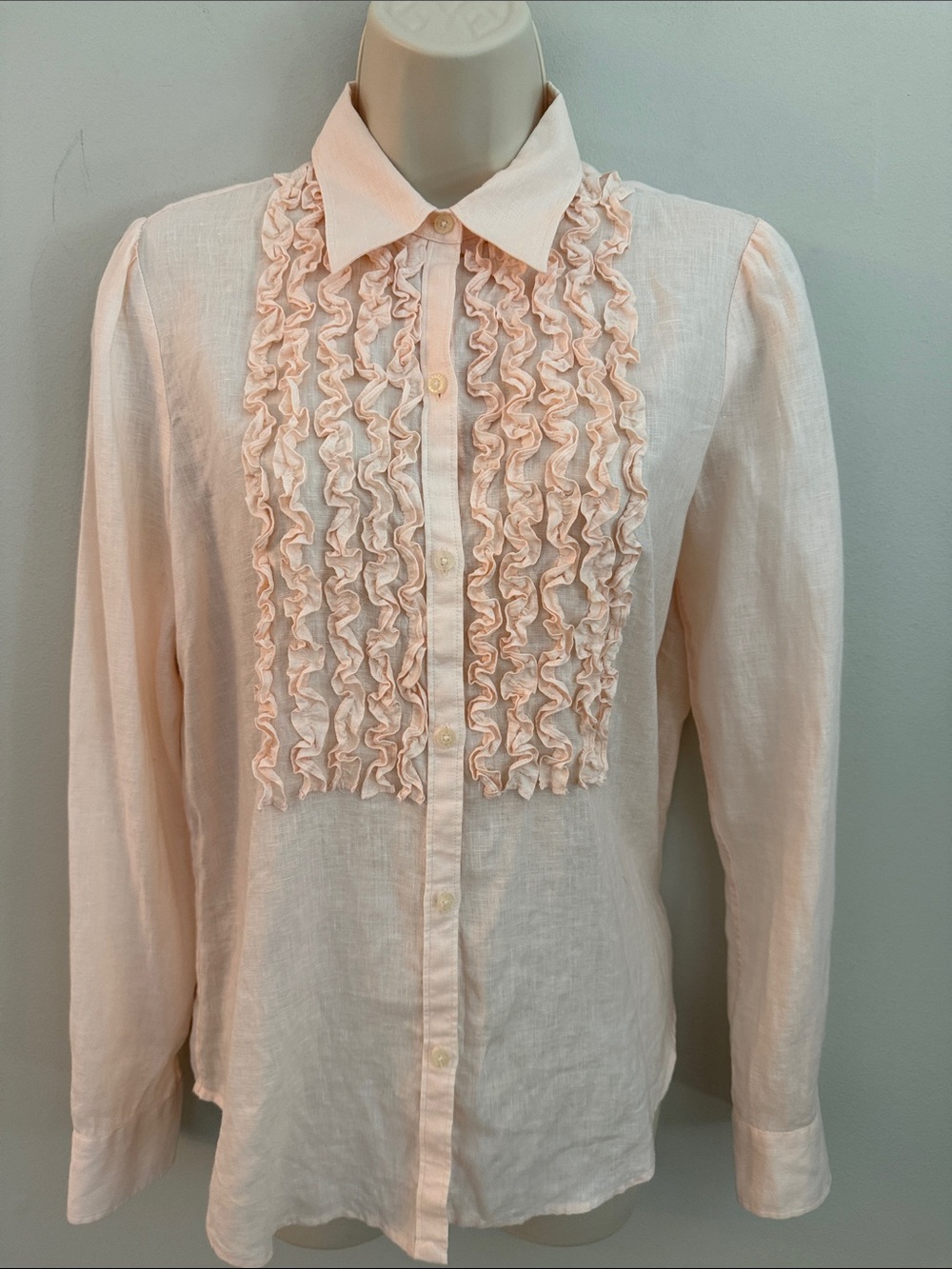 Lauren Ralph Lauren Linen Peach - Pale Pink Ruffle Front Button-Down Shirt Med